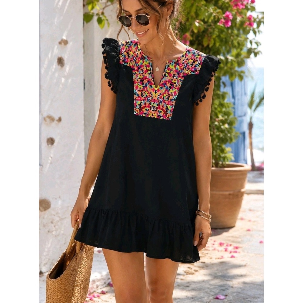 KIRUNDO Embroidered Black Mini Dress Ruffle Pom Pom Sleeve Boho Women's Small